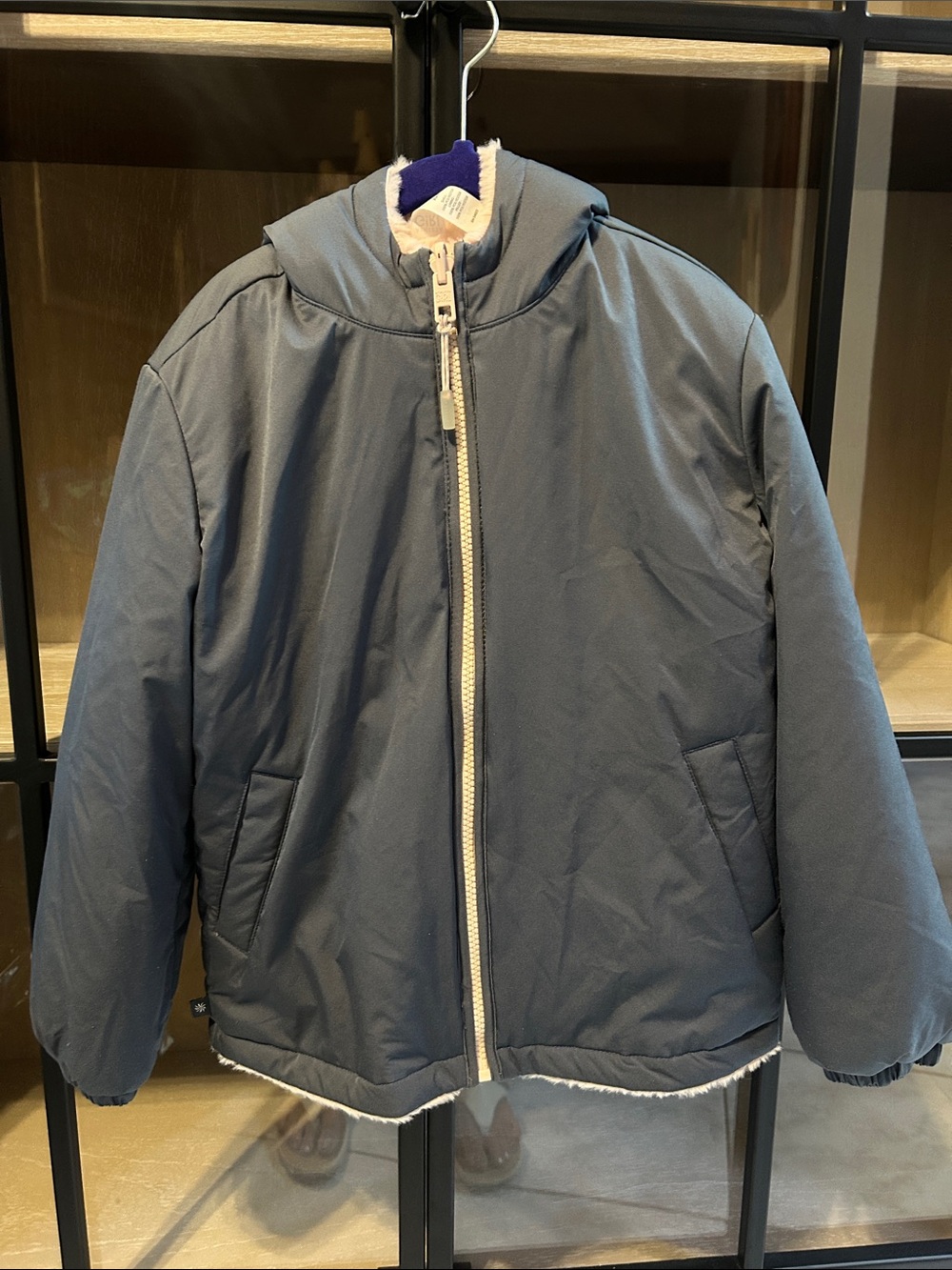 Athleta Kids Puffer Reversible Jacket in Slate Blue with Pink Cream Trim
